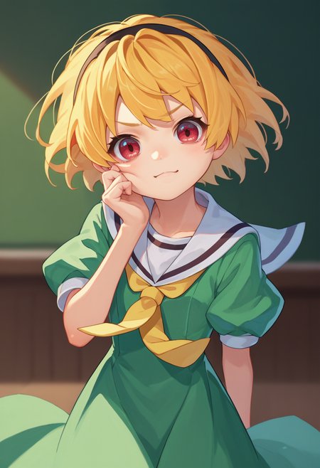 score_9, score_8_up, score_7_up, source_anime, 1girl, SatokoSchool, blonde hair, red eyes, hairband, sailor collar,  green dress, black pantyhose, yellow necktie, pov, cheek tuft, <lora:Satoko-000011:1>