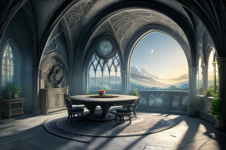 RAW photo, masterpiece, subsurface scattering, heavy shadow, high quality, intricate, high detail, professional photography, HDR, High Dynamic Range, realistic, ultra realistic, photorealistic, high resolution, film photography, ambient lighting, atmospheric effects, <lora:detail_slider_v4>, OverallDetail,   <lora:ElvenInterior>, arch, clock, cloud, elfint, indoors, light rays, no humans, pillar, plant, scenery, sky, table, window