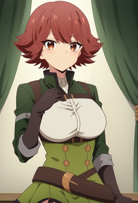 <lora:Byleri:0.9>  byleri, short hair, red hair, 1girl, brown eyes, brown hair, solo, large breasts,   collared shirt, green jacket ,thighhighs,  black gloves, belt, garter straps , green skirt, zettai ryouiki, looking at viewer, score_9, score_8_up, score_7_up, , anime coloring ,BREAK source_anime, anime
