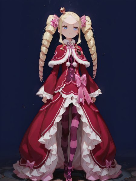 perfect quality,high quality,masterpiece,best quality,amazing quality,very aesthetic,absurdres,Cinematic Lighting,newest,Tactical use of shadow,
front view,full_shot,Sneer,
BeatriceCYQL,1girl,solo,blonde hair,drill hair,long hair,twintails,twin drills,sidelocks,ribbon,hair ribbon,blue eyes,symbol-shaped pupils,crown,mini crown,dress,capelet,red capelet,fur-trimmed capelet,fur trim,pantyhose,striped pantyhose,striped,long sleeves,frills,frilled sleeves,red dress,frilled dress,shoes,pink footwear,bow,wide sleeves,
full body,standing,hand_to_mouth,,
darkblue  background,simple background,
usnr,748cmstyle,<lora:USNR STYLE_XL_loha:0.45>,<lora:DarkerThanBlackIllustrious:0.5>,<lora:spo_sdxl_10ep_4k-data_lora_webui:0.6>,<lora:illustrious_all_rated_v1:0.7>,<lora:748cmSDXL:0.8>,<lora:illustrious_quality_modifiers_masterpieces_v1:0.9>,,<lora:BeatriceCYQL:1>,