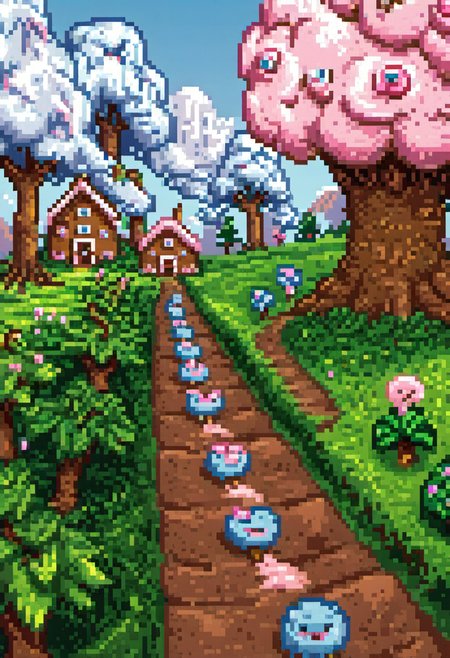 pixel art, digital art, A whimsical rural landscape overtaken by a massive tornado made of pink and blue cotton candy, uprooting fields of jellybean crops and marshmallow trees. Farmers made of gingerbread run for cover, their icing faces frozen in shock. Rendered in a hyperrealistic yet fantastical style, the composition blends humor with a critique of natureâs unpredictability and humanityâs sugary footprint on the environment.