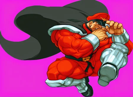 Street Fighter, color correction, lighting, high quality, high definition, male focus, muscular, military, full body, muscular male, (M.Bison:1.1), <lora:M_Bison_Street_Fighter:1>, M Bison, hat, muscle pectorals, large pectorals, big biceps, <lora:AKinuNishimura_Style:1>, NishimuraXL, white background,