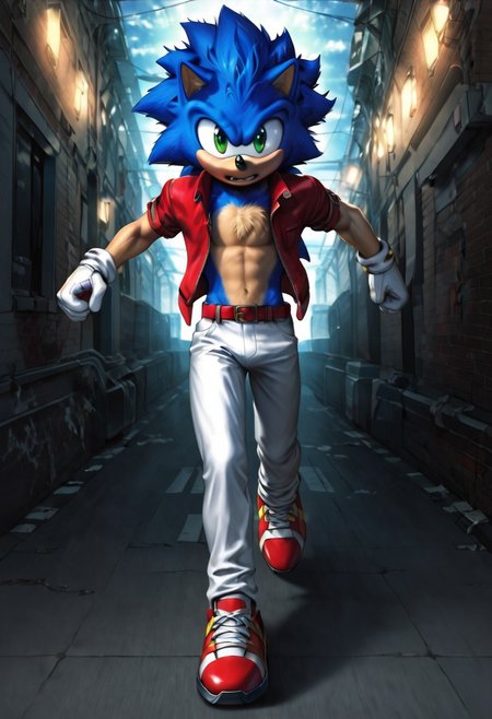 zPDXL3,RE_Engine,score_9_up,score_8_up,score_7_up,detailed,(best quality:1.2),digital media \(artwork\), BREAK, solo,best quality, 1boy, solo male, SonicXL, Sonic (sonic the hedgehog series), furry, lime green eyes, peach chest:1.5, peach arms:1.5, white open shirt, red vest, white gloves, red belt, white pants, red running shoes, running, blue aura, spiked hair, hedgehog, street alley, night, dynamic lighting, full body