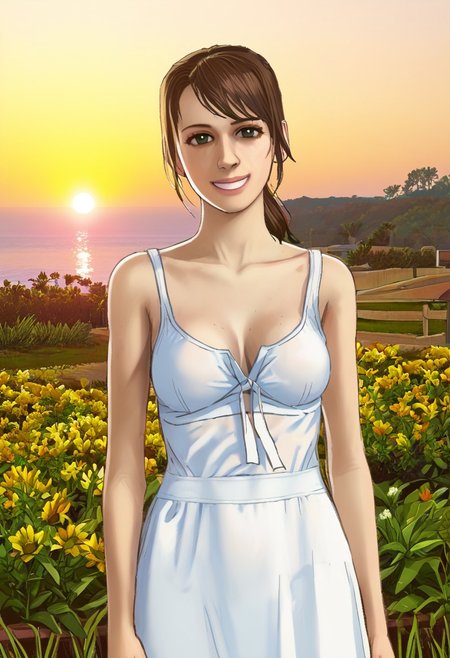 Highest quality, masterpiece, average looks,non_anime eyes, Outside, in a sun-drenched garden,quiet_mgsv,  ((sundress)), smiling, looking at viewer.