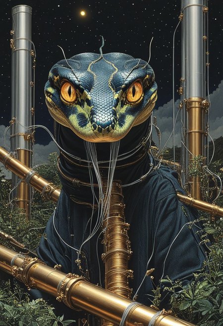 masterpiece, best quality, very aesthetic, absurdres, HyperDetailed Illustration, qu4ntum, epic background, nightsky landscapes with vibrant (brass pipes) and (silver wires) and gold circuits, a snake covered in gold circuits, glowing eyes, vivid eye color, (beautiful eyes:1.2), (gradient iris, crisp iris edges), confident pose, snake pose, eating a chunk of silver wires,