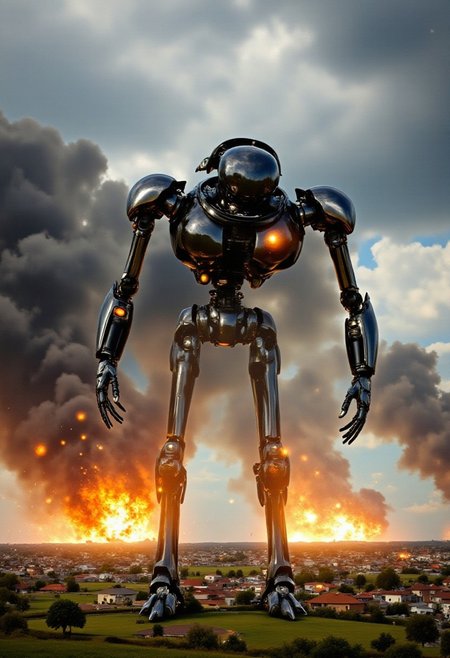 m3m3photoshoptcontest. a digitally manipulatd photograph, ultra-glossy fashion portrait with pristine chrome reflections and technological precision of an army of futuristic robotic war-ants towering over a small village.  Destruction and explosions surround the scene, and lasers and glowing smoke are all around.  Magical wonder and thrilling horror combine in this epic action shot and tragedy combined.