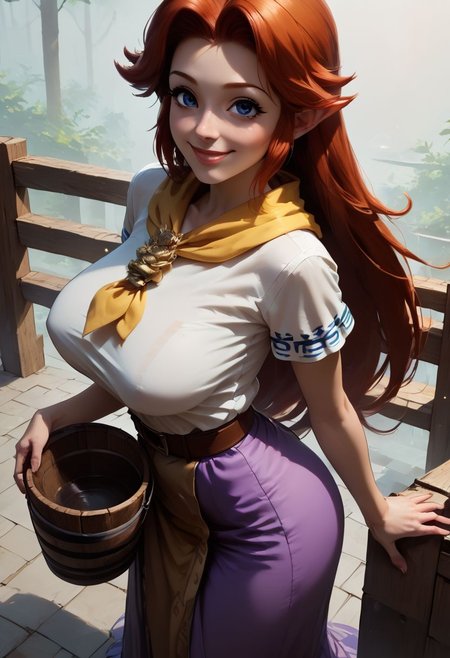 <lora:add-detail-xl:3>, score_9, score_8_up, score_7_up, pinup girl pose, volumetric lighting, mood lighting, cinematic lighting, dark cinematography, semi-realistic, Expressiveh, side view, ranch, wooden fence
BREAK, 1girl, malon, white shirt,short sleeves,boots,belt,purple skirt,long skirt,brown belt,yellow neckerchief, red hair,
BREAK, very long hair, massive tits, sagging tits, lips, standing, smiling, holding wooden bucket,
BREAK, very high angle