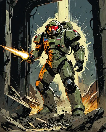 80s action movie set in space, action shot of soldier in power armor fighting off the alien scourge, dust and debris in the foreground, foreshortening,  <lora:The_Pulp_Session:0.7> pulp art style
