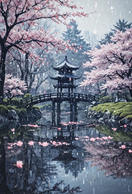 novuschroma79 style, glitch art photo,  score_9, score_8_up, score_7_up,Japanese garden, sakura, pond