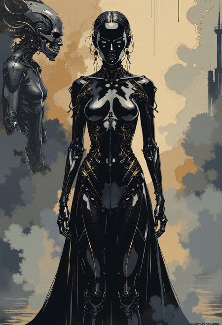 Ethereal Gothic Elegance, Ghost in the shell, in a world where technology meets dystopia, a black female android form stands motionless as an evidence to innovation, blending strength and elegance in a cyberpunk realm. The head slightly raised, emphasizing the calm and relaxed posture, enveloped in the midst of a monocromatic misty void.
full-length body shot, long shot, realistic feminine, golden details, carbon fibre, matte darkcoal, dark and cool tones, Octane rendering, raytracing, lumen, high-contrast effects, highly detailed.