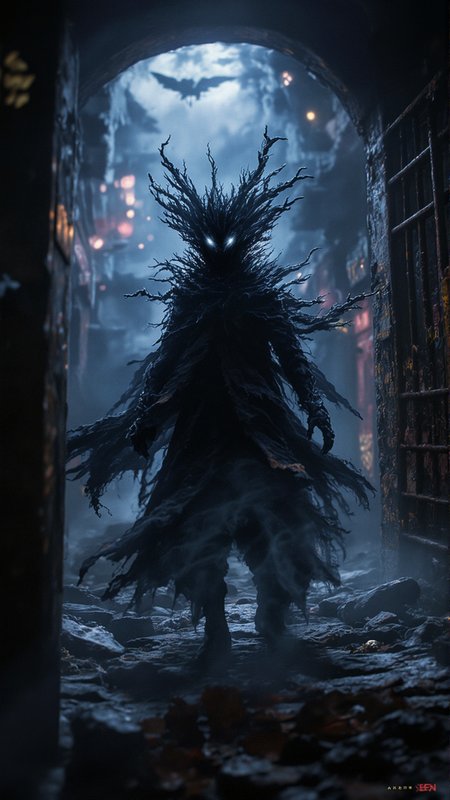 In a dimly lit alleyway of Metropolis, where neon lights cast an eerie glow, a figure emerges from the shadows. The subject's face is shrouded by a hollow head, its features obscured by darkness. Yet, despite the ominous appearance, their gaze seems to pierce through the veil of obscurity, radiating a deep longing for freedom.  As they step out of the alley, whirling clouds of darkness swirl above, threatening to consume the city. But the subject remains steadfast, gazing forward with an unwavering determination. Natural light seeps through the cracks of the, <lora:Flux_Turbo_Alpha.safetensors:1.0> <lora:é»è²å¹»æ³_1.0.safetensors:1.0> anhei black fantasy <lora:aidmaFLUXpro1.1-FLUX-V0.2.safetensors:0.7> aidmafluxpro1.1