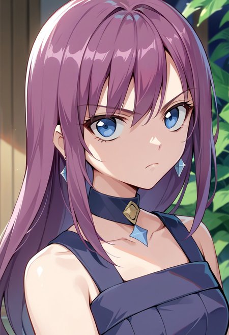 score_9, score_8_up, score_7_up, source_anime, JENNY (BAKUGAN), 1girl, solo, long hair, looking at viewer, bangs, blue eyes, bare shoulders, jewelry, closed mouth, collarbone, upper body, purple hair, earrings, choker, collar, frown, expressionless, gem, serious