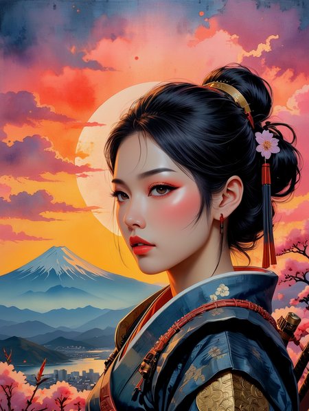 A fantasy style painting of Japanese woman warrior, dystopian. Textured art. Painted on rice paper. 

Soft dreamy watercolor. Sunset over Mount Fuji.

<lora:PopArt01a_CE_XL_300-OT:0.6> popartCE_style