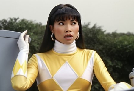 Trini wearing yellow power ranger catsuit, alone, long black straight hair tucked behind shoulders, bangs, helmetless, uniform, white turtleneck collar, white gloves belt, holstered weapon, large chunky steel hoop earrings, worried facial expression, sitting square-on, both arms very-outstretched, legs together, looking off-camera, in front of computer console on bridge of spaceship Starship Enterprise 1967, hyperdetailed photography