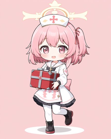 serina \(blue archive\),1girl, solo, nurse_cap, halo, holding_box, full_body, white_sailor_collar, looking_at_viewer, boots, open_mouth, simple_background, black_footwear, armband, white_pantyhose, long_sleeves, :d, one_side_up, pink_background, feathers, red_ribbon, side_ponytail, dress, black_bowtie, blush, white_headwear, chibi, black_skirt, standing, hair_ribbon, nurse, white_background
<lora:serina_(blue_archive)_image162_batch3_v1:1>,halo,. gorgeous,key visual, vibrant, studio anime,award-winning, professional, highly detailed,high budget, cinemascope
