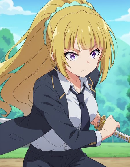 score_9, score_8_up, score_7_up, source_anime, <lora:kei-karuizawa-anime-s2-ponyxl-lora-nochekaiser:1>, kei karuizawa, long hair, bangs, blunt bangs, purple eyes, blonde hair, hair ornament, ponytail, scrunchie, blue scrunchie, medium breasts, anime screencap, <lora:battoujutsu-stance-ponyxl-lora-nochekaiser:1>, battoujutsu stance, looking at viewer, holding, weapon, sword, holding weapon, holding sword, standing, katana, sheath, sheathed, fighting stance, ready to draw, shirt, long sleeves, jacket, white shirt, necktie, collared shirt, pants, black jacket, floating hair, black pants, formal, suit, black necktie, black suit, pant suit,,
