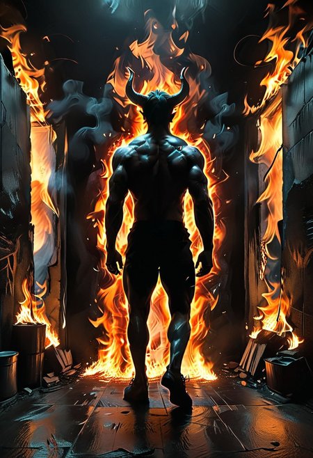<lora:flame silhouette:1>,  <lora:flame:1>, flame,
fullbody, full body, back view, <lora:Super perspective and fight stance:0.8>, ((super low perspective)), low perspective, ((fisheye)), dark atmosphere, dark shadow, deep shadow, shadow,  Super perspective,fisheye, wide shot, foreshorten, lighting stance, (fire around), ((fiery footprints)),
Man with demon horns in black shorts walking away from the long dark office corridor, Adult, Mesomorph Muscular body, short Muscular neck, Rectangle faces, broad Muscular shoulders, Muscular fitness arms,  black short combed back hair,  Angular jawline,  Designer Stubble black whiskers, triangular black hair beard, Muscular fitness ass,  Athletic thighs, Muscular fitness legs,  big muscles,  dark black skin,
((burning walls)), ((fire on the walls)),
<lora:Camera Perspectives (507):1>,  from below, foreshortening, perspective,
graphic style of novel comics, perfect hands, 2d,
8k, hyperrealism, masterpiece, high resolution, best quality, ultra-detailed, super realistic, Hyperrealistic art, high-quality, ultra high res, highest detailed, lot of details, Extremely high-resolution details, incredibly lifelike, colourful, soft cinematic light,