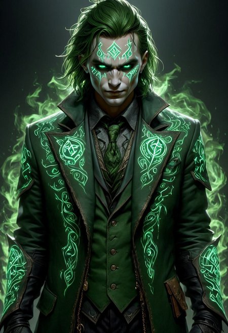 (PEJoker, high quality, HD, full body, dramatic lighting, cinematic composition, detailed, glowing rune costume, dark green glowing runes, intense eyes, concept art, trending on ArtStation, (dark, evening, (vignette)))