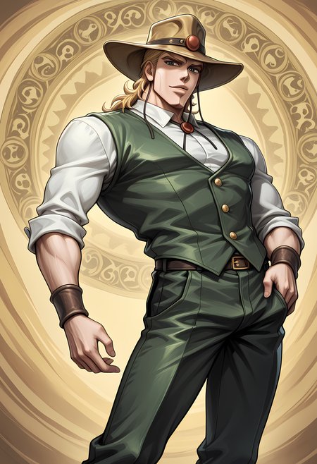 masterpiece, best quality, amazing quality, dutch angle, abstract background, BREAK
1boy, solo, male focus, jjba_holhorse, cowboy hat, chin straps, blonde hair, long hair, black tuxedo, formal, bolo tie, BREAK
<lora:cfg_scale_boost:.6>  <lora:Hol Horse - Jojo's Bizarre Adventure - ILXL:0.6>