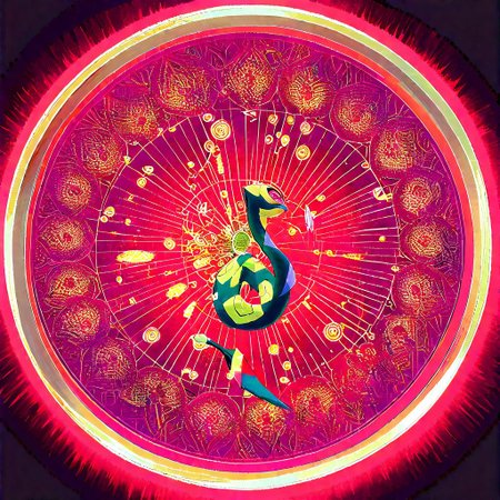 score_9, score_8_up, score_7_up, colored Mandala style, medium stylized pattern, (deep_purple base, black, red, and gold details), (glowing_golden_elements:1.2), Seviper, serpentine, vertical_figure_eight_pattern, intricate_design, symmetrical, traditional_mandala, luminous, mystical, highly_detailed, geometric_patterns, harmonious_composition, masterpiece, balanced,  artistic, reverence, best quality, absurdres, highly detailed,