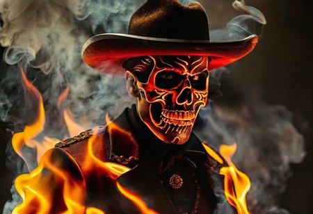old town, intense fog, midnight light, tall man, Mariachi, black SKULLF4C3XL, black skull tattoo, black facial_tattoo, black skeleton makeup, skull facepaint,  red shining eyes, smoke from the mouth, walking, footprints in fire, (fire element:1.1),composed of fire elements,<lora:xl-shanbailing-1003fire-000010:0.75>,burning,transparency,fire,(molten rock),flame skin,flame print,fiery hair,smoke,cloud