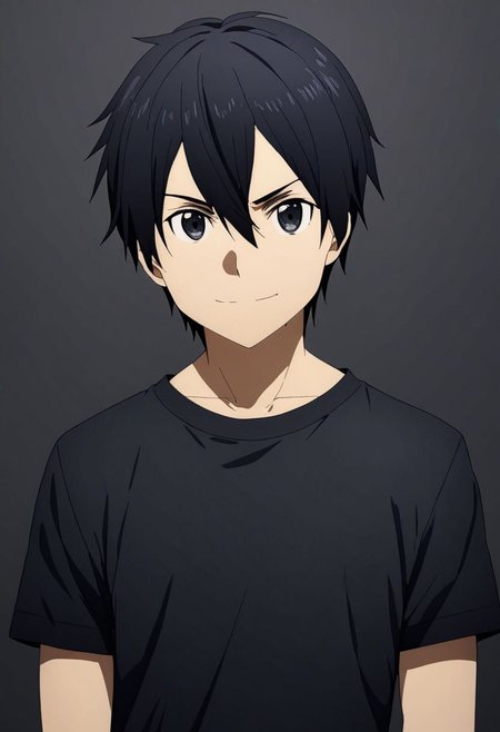 high resolution, professional photography, best quality, 1Boy, Kirigaya Kazuto, Black Hair, Black Eyes, dark t-shirt, ID Photo Style, looking at viewer, focused gaze forward, plain background, straight body, head upright, angry, smile, overalldetail