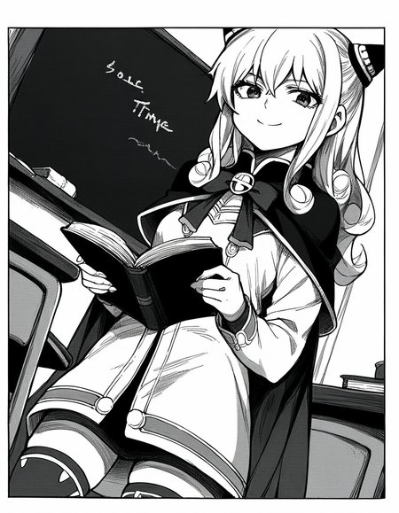 score_9, score_8_up, score_7_up, source_anime, <lora:ashe-talton-manga-ponyxl-lora-nochekaiser:1>, rengoku ashe, long hair, greyscale, monochrome,, thighhighs, long sleeves, capelet, cape, dress, white dress,, school uniform, classroom, chalkboard, day time, studying, smile, looking at viewer, solo,, cowboy shot, dutch angle
