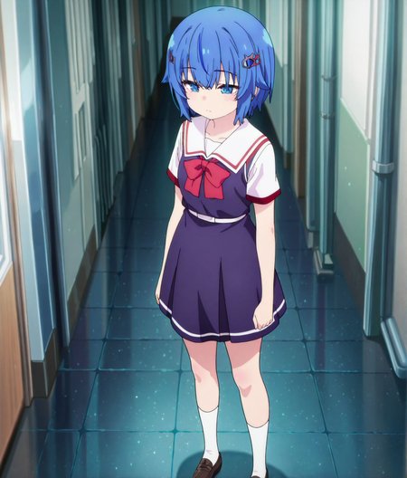 masterpiece, best quality, newest, absurdres, highres, detailed eyes, beautiful, detailed background, perfect eyes, anime coloring, anime screencap,
<lora:add-detail-xl:0.5>
<lora:Makina-sans_a_Love_Bot:1>Makina-san's_a_Love_BotV1,
1girl,blue hair,hair ornament,
shoes,socks,dress,
short hair,m_mimika,
standing,