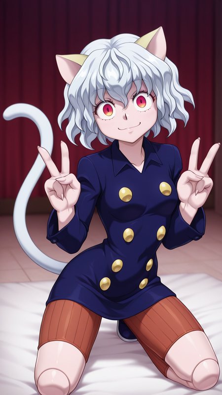 masterpiece,best quality,amazing quality, 1girl, solo,  <lora:IlluPitou:1> illupitou, cat ears, cat tail, white hair, red eyes, joints, smile, double v, looking at viewer, kneeling, 4 fingers