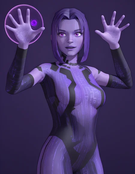 Masterpiece, high-res, 2k, best quality, 3d, translucent,  cortanah2, purple skin, purple theme, hologram,transparent,  medium breasts,   <lora:cortanah2_pony-000043:1> Reaching out with both hands
