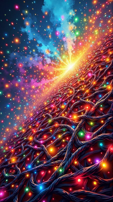 A video game graphic image of a ChristmasLightsStyle beautiful explosion of color, colourful concept art, oil painting, highly detailed. Covered in  christmas lights, tangled wires all wrapped up
<lora:ChristmasLightsStyleFlux:0.7>