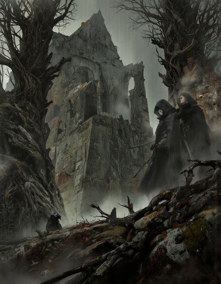 Art by Zhang Jing. A dark and moody digital illustration shoot from a low angle about a ruined castle in a foggy environment. the image also shows a group of dark figures standing amidst the ruins, surrounded by a dense, twisted tree. on the left side of the image, a figure appears to be a man, standing in the middle of the frame, facing away from the viewer. he is wearing a hooded cloak and has a serious expression on his face. the figure on the right side is a woman with long hair, wearing a black cloak and holding a sword. she is standing on a rocky hillside, with the ruins of the castle in the background. the castle walls are crumbling and covered in moss and vines, and the atmosphere is eerie and foreboding. the overall mood is one of destruction and chaos.