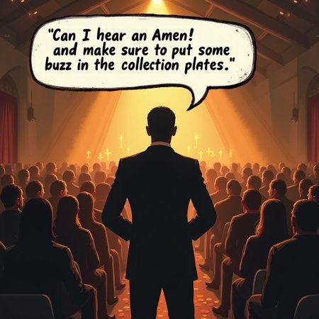 southern black church, black preacher and his gospel choir,  facing his cogregation, with a speech bubble "Can I hear an Amen! and make sure to put some buzz in the collection plates"