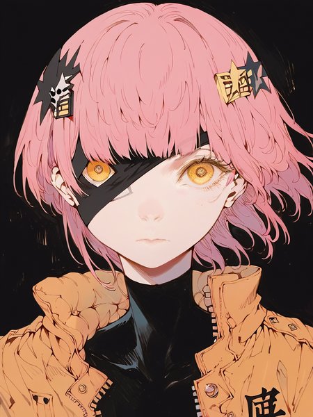 score_9, score_8_up, score_7_up, score_6_up, score_5_up,    <lora:MONXLP:1> mon, 1girl, solo, eyepatch, yellow eyes, looking at viewer, hair ornament, pink hair, closed mouth, one eye covered, bangs, portrait, short hair, black background, jacket