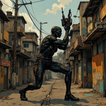 Social Realism painting. Ground level wide angle view. modern theme. Full body. Old South Korean wrinkled apocalyptic modern robot storming a barricade in a impossible field setting. Intricate black and orange and white Voronoi details. Overall, the scene is industrialised and is very detailed. Dramatic lighting illuminates the scene from below. <lora:Charcoal01d_CE_FLUX_AIT:0.6> <lora:Paper_Marbling_Flux:0.5> <lora:아름답고_우아한_r1:0.75>