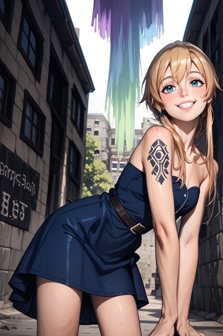 score_9, score_8_up, score_7_up, score_6, score_5, score_4, source_cartoon, realistic, rating_safe, bent over,strapless,all foursdress, cowboy boots 1girl, titania \(sao\), sword art online, Aurora, 22 yearold woman,smile, close up, from below lips, teeth (<lora:2000s_Indie_Sleaze:0.85>445l34z3 <lora:MoriiMee_Gothic_Niji_Style.Pony.LoRA:0.6><lora:ttokgirls:0.4> t1kt0k50ld,) (simple tattoo) (~simple background|brick wall| graffiti, TGIF|urinal|water fountain, TGIF| water spigot, concrete wall, wanted}