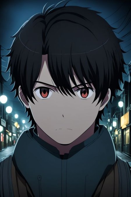 high resolution, solo, best quality, 1Boy, Portrait, Inaho Kaizuka, Black Hair, portrait, midnight, dim street lights, mysterious, threatening, weapon, aiming the weapon to the viewer,