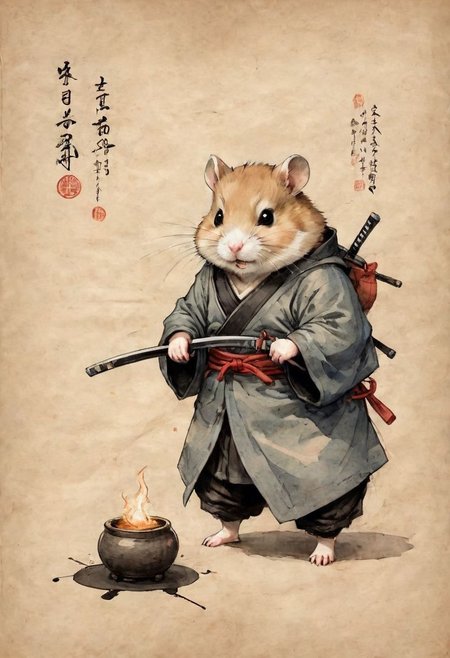 old book style ink illustration, on parchment, ink splashes, ink stains, ink smears, faded ink, samurai chubby Dzungarian hamster, katana, coat, pantless, linquivera, liiv1, on parchment