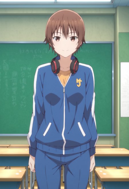 score_9, score_8_up, score_7_up, source_anime, 
BREAK,
 <lora:ninomae_kanade_ponyXL_v1:1> ninomae kanade, brown hair, short hair, brown eyes, 1girl, solo, headphones around neck, track jacket, pants, looking at viewer, classroom, standing, smile,