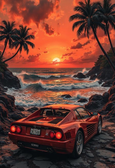 A graphic illustration, in black and white, of an ocean landscape with a bright orange sunset.streets,.photoshoot near the ocean at sunset near  car Ferrari Testarossa 90
 <lora:Dieselcore:0.7> d1eselc0re <lora:Glitchcore_Flux:0.4> gl1tchc0re