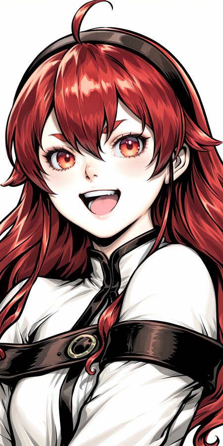 {{amazing quality, best quality, high quality, very aesthetic}}, 1girl, solo, looking at viewer, simple background, eris greyrat, red hair, red eyes, :D, excited
 <lora:Artgerm_Sketch_Illustrious:1>