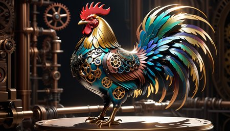 Positive prompt:
steampunk style With its striking appearance and intricate mechanisms, the Mechanical Cybernetic Rooster is a marvel of engineering. Standing tall amidst the artificial sunlight, this magnificent creation captivates onlookers with its mesmerizing movements. From afar, one might mistake its glittering gears and pistons for mere decoration; however, these components serve a vital purpose â they enable the rooster to navigate its surroundings with ease.
Boasting a unique design that seamlessly blends organic and synthetic elements, the rooster is truly a prized possession among those who appreciate fine craftsmanship. Its iridescent plumage, composed entirely of polished metal, reflects every hue of the spectrum, making it a breathtaking sight to behold, antique, mechanical, brass and copper tones, gears, intricate, detailed