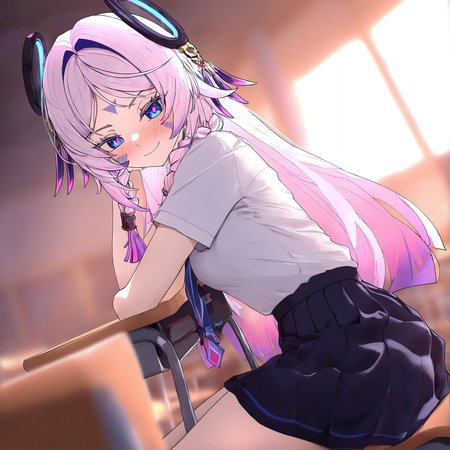 1girl, solo, citlali, schoolgirl uniform, dynamic angle, black skirt, white shirt, sitting, on chair, leaning on desc, blue eyes, chocker, smile, smirk, blush, desc, classroom, medium breasts, pink pupils, looking avay, indoors, desk, masterpiece, best quality, absurdres, highres,
