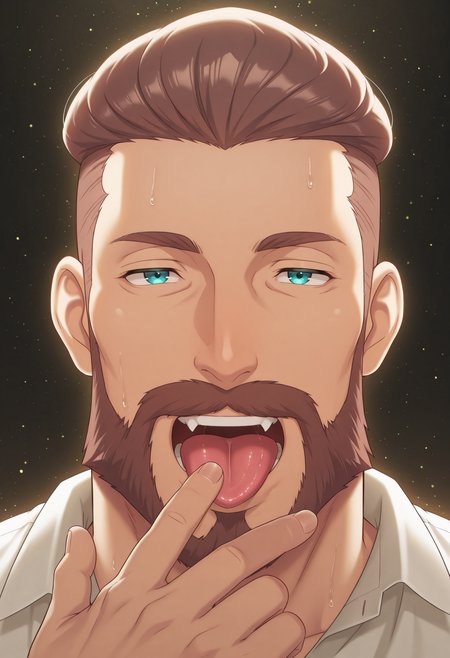 <lora:Leopold_Auvergne_-_from_anime_Bureaucrat_to_Villainess_Dads_Been_Reincarnated:0.9>, safe_pos, solo, masterpiece, detailed, uwa, huge filesize, ultra hd, best quality, male focus, (absurdres, highres), 1boy, official art, bright, LeopoldAuvergne, brown hair, short hair, hair slicked back, forehead, aqua eyes, thick eyebrows, beard, mustache,  adult, mature, solo, tongue, tongue
out, looking at viewer,
makeup, fang, portrait,
black background,
fingernails, open
mouth, finger to mouth