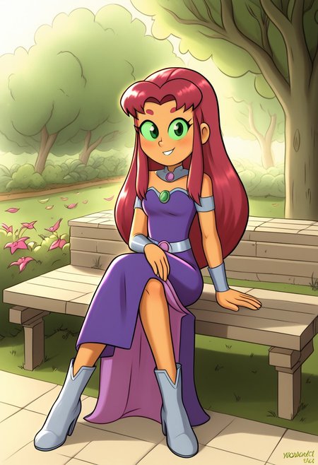 ((Nocunoct)), (starfire from dc, coloured sclera), In a lush, verdant garden, a young woman sits on a stone bench, her legs crossed, surrounded by vibrant flowers and the gentle rustling of leaves. Her dress, a delicate fabric, flows gracefully, revealing only a hint of her form