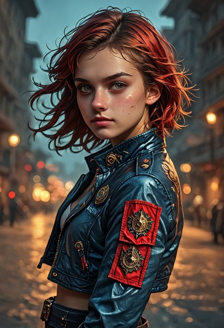 1girl, side view, she is Nausica of the Valley of the Wind, solo, masterpiece, absurdres, best quality, (colorful), cinematic lighting, realistic, dynamic pose, extremely detailed, head turned to look at viewer, red hair, beautiful detailed face,(intricate detailed blue short military jacket with gold inlaid, cleavage,extremely short miniskirt, military black boots), stands alone on the middle of a street with lampposts and burning fires in the background, solo, masterpiece, absurdres,  dynamic pose, the Sun shines over her, sun rays in her hair,subsurface scattering, remarkable color, ultra realistic, textured skin, remarkable detailed pupils, realistic dull skin noise, visible skin detail, skin fuzz, dry skin, bokeh, sharp focus on subject. no headgear,extremely detailed, looking at viewer, beautiful detailed face, subsurface scattering, remarkable color, ultra realistic, textured skin, realistic dull skin noise, visible skin detail, skin fuzz, dry skin, bokeh, sharp focus on subject.