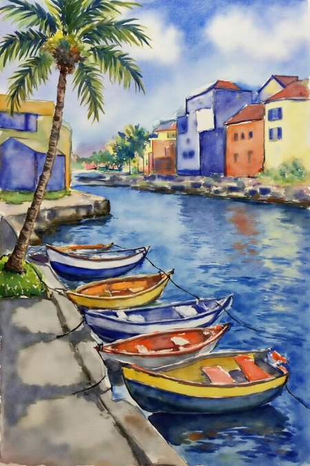 watercolor. 
A vibrant blue body of water with a row of boats floating on it. The boats are painted in a variety of colors, including yellow, orange, and blue, creating a striking contrast against the backdrop of the scene. To the left of the boats, a concrete walkway extends into the water, adding a touch of depth to the composition. In the distance, a palm tree casts a shadow on the water's surface. The buildings in the background appear to be painted in shades of blue, white, and orange.      <lora:watercolor1_nbm_cap_d6a3e12:1.0><lora:838832603822926769:0>