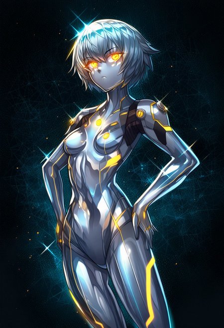 score_9, score_8_up, score_7_up, score_6_up, score_5_up, score_4_up, 2D, ibenz,
BREAK
1girl, liquid mercury, solo,
silver body, short hair, silver hair, 
((yellow lines, yellow eyes, glowing eyes)), ((petite, small breasts, short height)), 
confident pose, hands on hips, 
(cyberspace) black background, blue energy lines, blue code, detailed background,