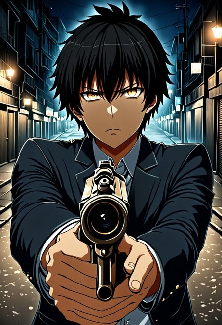 high resolution, solo, best quality, 1Boy, Seiya Kanie, black hair, short hair, portraits, midnight, dim street lights, mysterious, threatening, gun, aiming the gun to the viewer, OverallDetail