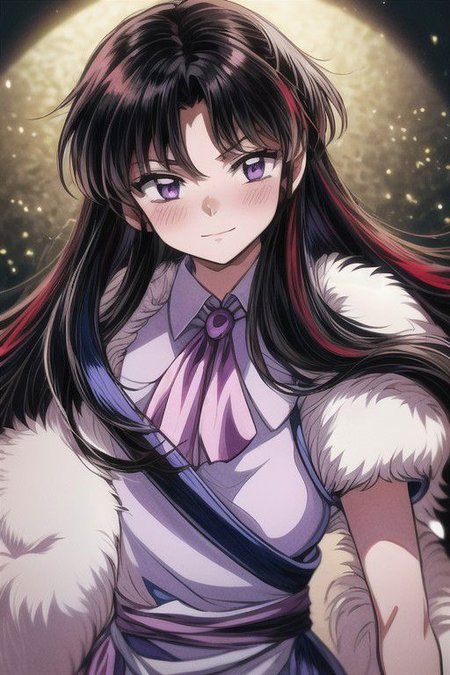 masterpiece,  best quality 1girl Setsun4 solo long hair,  (night time) forest background black hair very long hair purple eyes multicolored hair armor (fur trim) (medium body),<lora:EMS-179-EMS:0.800000>,<lora:EMS-293862-EMS:0.800000> bow, hair_bow, hair_tubes, red_bow, brown_hair, long_hair, bangs, ascot, frilled_bow, yellow_ascot, blush, smile, hair_between_eyes, athletic, armor